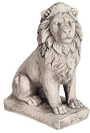 Antyki24 Massive Löwe Deko Statue Steinfigur Skulptur auf Podest - Gartenfigur Löwe als herrliches Torhüter aus Steinguss - Torwächter Löwe Figur groß 34cm - Löwen Gartenfiguren Für Außen
