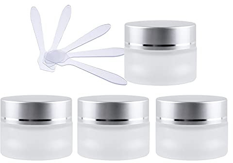 ZEOABSY 4 Stück Leere Matt Transparent Glas Cremedose 15ml mit Matt Silber Deckel, Klarglas Schraubdeckel Glas-Tiegel Schraubdose Glas-Dose Salbentiegel Kosmetik Dose für Gels Cremes + 4X Spatel