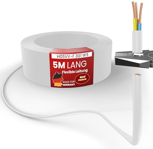 MAS Premium Von 5 bis 100m Kunststoffschlauchleitung H05VV-F 2, 3 oder 5 x0,75; x1; x1,5 oder x2,5 und 4G0,75 Flexible Leitung Kabel Leitung Gerätekabel (H05VV-F 3G1 WS, 5m)