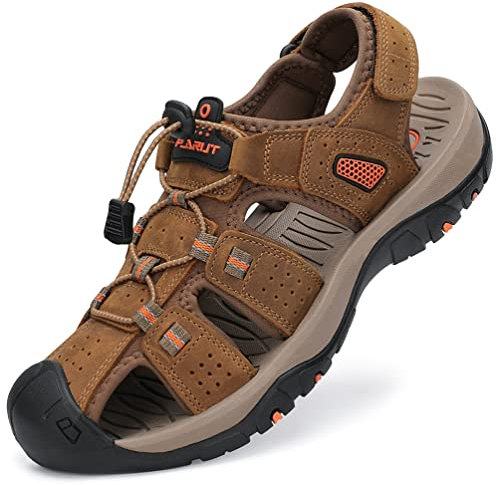 FLARUT Homme Sandales de Randonnée Orteil Fermé Crochet&Boucle De Plein air Randonnée Cuir Chaussures(Brun clair,44)