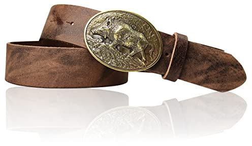 FRONHOFER Trachtengürtel mit Trachtengürtelschnalle Wildsau in Messing, 17953, Größe:Körperumfang 100 cm/Gesamtlänge 115 cm, Farbe:Vintage-braun