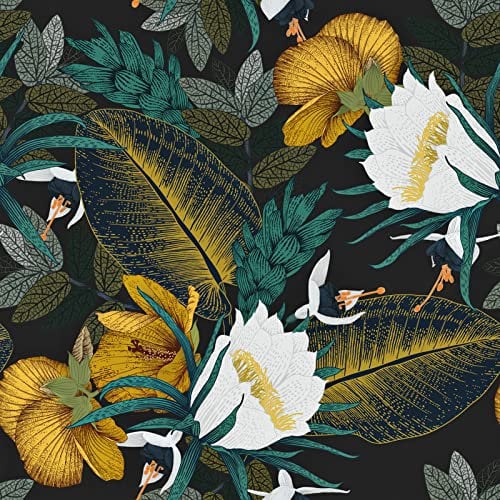 Yullpaper Papier Peint Jungle Verte Tropical Vinyle Adhesif Pour Meuble noir Et Blanc Imperméable fleurs Décoration Salon Murale Bois Crédence Cuisine Salle de Bain 44,5 CM X 300 CM