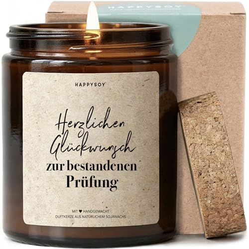 Herzlichen Glückwunsch zur bestandenen Prüfung - Duftkerze mit Spruch als Geschenk zum Bestehen, liebevolle Geschenkidee, Kerze im Glas, blumiger Duft