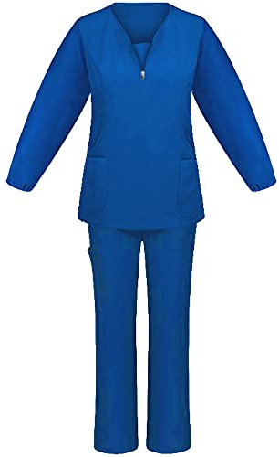 thuthu Kasacks Set Damen Krankenschwester Kostüm Uniform Einfarbig Oberteil Und Hose Atmungsaktive V-Ausschnitt Pflege Kasacks Mit Taschen Langarmshirts Schlupfkasack Und Schlupfhose Set