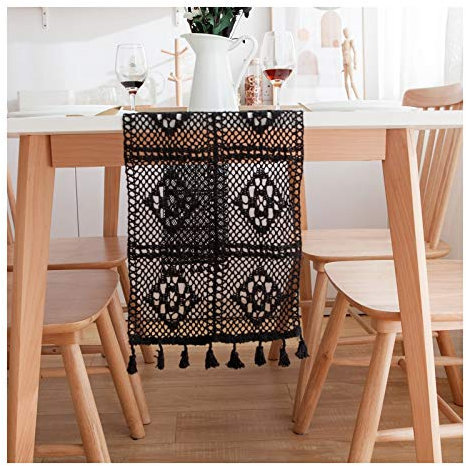 EHOMERY Tischdecke Papierrolle, Tischband Schwarz Spitze Hohle Blumen Tischläufer Polyester 24x160CM