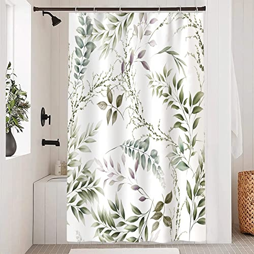 Uiiooazy Tenda Doccia Antimuffa, Tenda da Doccia 120x180cm Foglie Verde Salvia e Viola Pianta Motivo Tende de Bagno Tessuto Lavabile Impermeabile Poliestere Tende per Vasca da Bagno con 8 Anelli