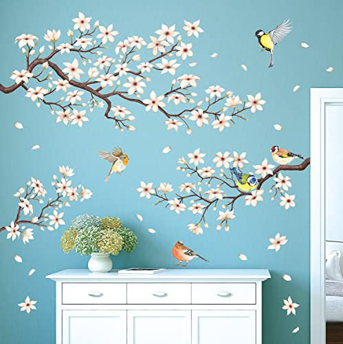 DECOWALL SG2-2304 Ramo di Ciliegio in Fiore (Bianco ver.) Adesivi Murali Decalcomanie Rimovibili Camera dei Bambini Soggiorno Arte Decorazione Casa Decorazione Fiori Uccelli Albero