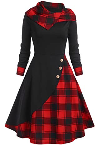 MENGQING Robe vintage pour femmes à capuche à carreaux avec boutons imitation chevauchement, robe midi gothique, punk, manches longues, robe de fête sexy décontractée Harajuku-noir, XL