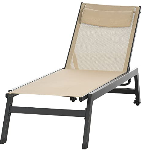 Outsunny Sonnenliege aus Aluminium und Textilene mit Rollen und Kopfstütze, verstellbar, Khaki