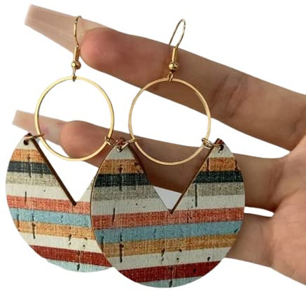 ⊹⊱❁ GESTREIFTE HOLZ SCHEIBEN GROSSE HOLZ OHRRINGE MIT GOLD RING & HAKEN ❁⊰⊹ leichte Tribal Ethno Ohrringe, GOLD und Naturfarben
