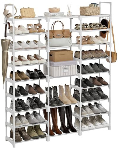 WOWLIVE Großes Schuhregal mit 9 Ebenen, weiß, für Schrank, 50–55 Paar, stapelbar, strapazierfähig, Schuhregal, Schuhaufbewahrung mit Metallrohren, Kunststoffverbindern