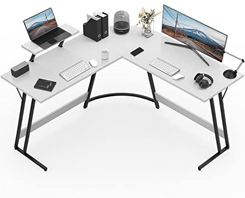 Devoko L Shaped Office Desk Computer Desk 130cm Corner Gaming Desk with Monitor Stand Movable L desk with Metal Frame for Home Office Small Space,White