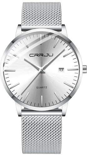 CRRJU Herren Uhr Ultra Dünne Wasserdicht Armbanduhr Herren Mode mit Schwarz Edelstahlband Mesh Analog Quarz Business Männer Uhren (Silber Silber)