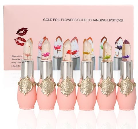 6Pcs Crystal Clear Flower Jelly LippGelee Lippenstift Set, Magic Farbwechsel Temperatur Transparente Kristall Lippenbalsam, Nahrhafte Feuchtigkeitscreme Lipstick, Langanhaltender Lipgloss