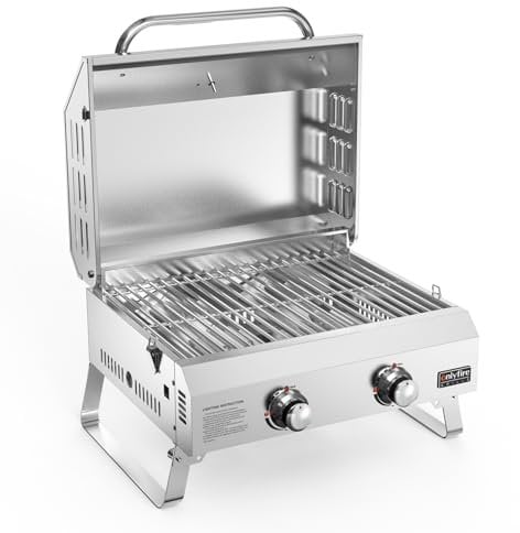 Onlyfire 2-Burner Tabletop Portable Gas BBQ, Outdoor Gas Barbecue Grill with 18 Cooking Grate, Lid & Thermometer, 4.7 kW