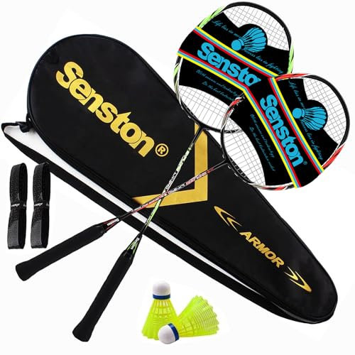 Senston Graphit Badminton Set Leichtgewicht Profi Badmintonschläger mit 2 Federbälle und 2 Griffband für Training, Sport und Unterhaltung