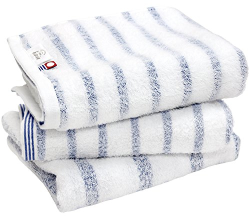 HIORIE Imabari Handtuch 3-teiliges Handtuch-Set, Streifenmuster, Blau | 33,8 x 79,8 cm, japanische Handtücher, saugfähig, schnell trocknend, dünn