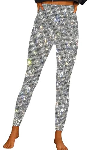 Metallic Leggings Damen Silber-Pailletten Rot Glitzer Hose Schwarz Party Skinny Jogginghose Leichte Sommerhose 70Er Disco Rave Tanz Clubwear