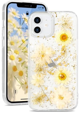 L-FADNUT for iPhone 12 Case for iPhone 12 Pro Case, Cute Real Dried Flowers with Sparkle Glitter Design, Clear Shockproof Handmade Pressed Floral Phone Case Protective Cover for Women Girls White