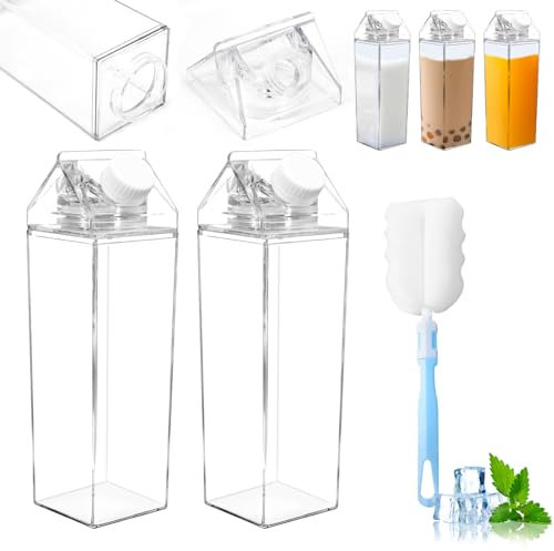 TALALAAZM 2Pcs Milk Carton Water Bottle, 500ml Reusable Clear Milk Water Juice Tea Container for Fridge,Transparent Milk Carton Container for Outdoor Sports Camping Picnic Family Party
