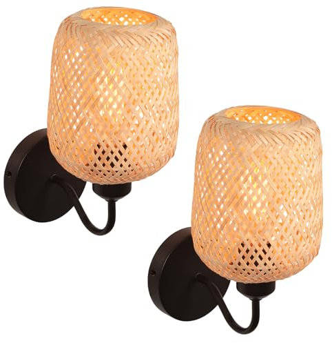 LIGKIN Lot de 2 Applique Murale Vintage Lampe Tressée à la Main Abat-jour en Bambou E27 Applique Style bohème Lampe de Mur Intérieur Déco pour Chambre à coucher, Salon, Couloir