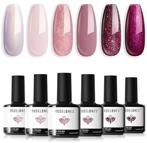 Modelones Vernis Semi Permanent,Vernis Gel UV Semi Permanent Série Rose Violet 6 Couleur Vernis à Ongles Soak Off Gel Polish French Manucure