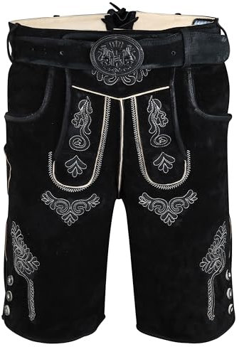 Spirit of Bavaria Trachten Lederhose Herren Kurz mit Gürtel - Kurze Trachtenhose - bayerische Trachtenlederhose - Oktoberfest Tracht Hose Schwarz 507 Gr. 58