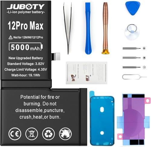 JUBOTY New Upgraded Battery for iPhone 12 Pro Max Battery, 5000mAh Lithium Polymer High Capacity Battery Replacement for iPhone 12 Pro Max Models A2410 A2411 A2412 A2342 with Professional Repair Tools