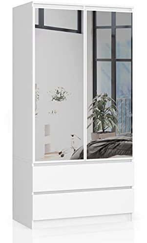 AKORD Kleiderschrank mit Spiegel S 90 cm 2 Türen 2 Schubladen mit Regalen und Einer Kleiderstange für EIN Schlafzimmer Kleiderschränke Laminierte Platte 16 mm Farbe Weiß