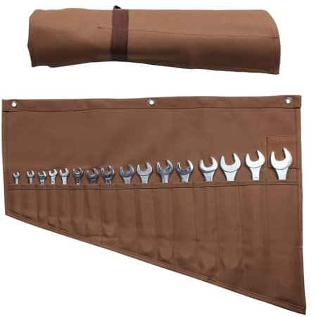 GiantGo Heavy Duty Waxed Canvas Tool Roll Bag with 16 Pockets, Multi-Purpose Tool Organizer for Plumbing, DIY, Spanners & Chisels, Durable Tool Wrap Wallet for Men & Dad, Brown