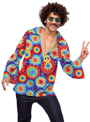 Mainfini Herren 70er Carnival Kostüme Disco Outfit Bell Sleeves Knopf Hemd Karneval 5er-Set mit Perücke Bart Brille Halskette L