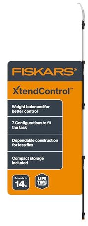 Fiskars XtendControl Extendable Tree Pruner (14 ft), Adjustable Branch Trimmer w/Fixed Pruning Head, 15 X2 Hook Bill Saw, 3-6 ft & 4-8ft Extension Poles, and Automatic Cord Reel for Precise Cuts