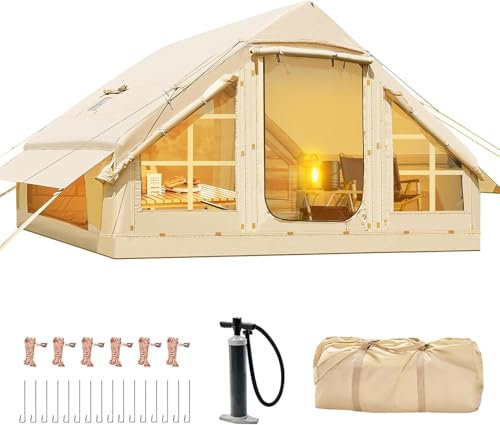 Meulbaty 300x210x195cm Camping Aufblasbares Zelt für 2-4 Personen mit 6 Großen Fenstern, PU3000mm Wasserdicht und UPF50+ Schutz Glamping Familienzelt Luftzelt mit Kaminöffnung für Herd