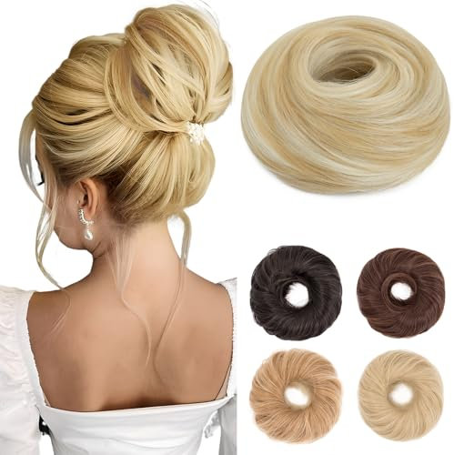 Benehair Haarteil Mit Gummiband Dutt Haarteil Haargummi Mit Haaren Synthetisch Haarverlängerung Haardutt Messy Bun für Damen Mädchen(Blond mit Bleach Blonde, 55g)
