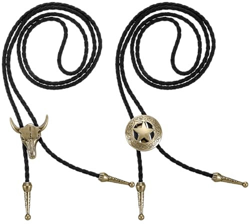 JJUNW 2 Stück Bolo-Krawatte, Bolo Tie, Cowboy Kostüm Herren Western Outfit Herren Western Cowboy Krawatte Halskette Lariat Halskette Schwarz Leder Rodeo Anhänger für Damen und Herren (Bronze)