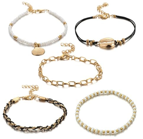 OHREN Lot de 5 Chaînes de Cheville pour Femme, Chaîne de Cheville Bohème avec Perles et Coquillages, Bijoux de Cheville Multicouches pour Femme, Accessoire Été