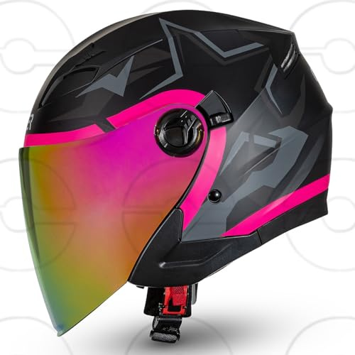 CRUIZER Casco moto jet omologato STAR Nero Rosa doppia visiera trasparente sole (M)