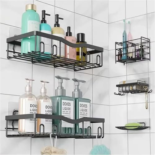 Shower Caddy without Drilling 5-Piece Bathroom Storage Accessory Shelf Organiser with 12 Hooks Waterproof and Rustproof Shower Storage Soap Toothbrush Holder Set, Kitchen Wall Mounted Corner Decor