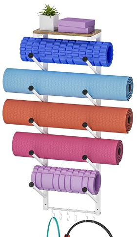 WAALIJI Yogamattenhalter mit 5 Ebenen, Wandhalterung mit 6 Haken zum Aufhängen von Zubehör, Yoga-Gurt, Schaumstoffrollen, Widerstandsbänder, Yogamatten-Organizer mit schwebendem Regal für Zuhause