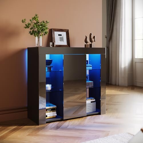 ELEGANT High Gloss Black 1 Door Sideboard with LED Lights, W90xD35xH83cm | Display Cabinet Storage Unit with Open Shelves for Living Room Bedroom