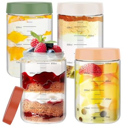 DaMohony 4 Pack Overnight Oats Jars 650ml with Lids & Measurement Marks | Leak‑Proof Glass Meal Prep Containers, Wide Mouth Mason Jars for Salad, Yogurt, Breakfast Pots, Microwave & Dishwasher Safe