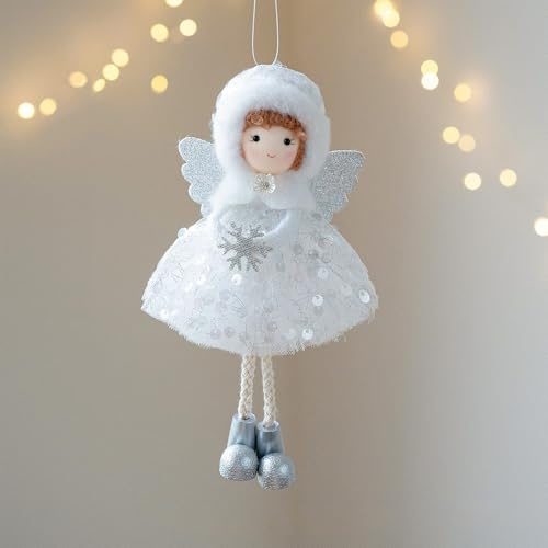 Glitzer-Engel zum Aufhängen, Dekoration, Weihnachtspuppen-Anhänger, für Geburtstag, Hochzeit, Halloween, Dekoration (weiß)