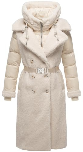 Navahoo Damen Langer Materialmix-Wintermantel warmer Plüschmantel mit angesagtem Materialmix und herausnehmbarem Einsatz mit Kapuze Kuscheltraum 14 XS-XXL
