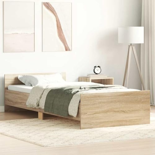 Hommdiy Bettgestell Bettrahmen mit Lattenrost Bett Gästebett mit Kopfteil Fußteil Doppelbett Schlafzimmerbett ohne Matratze Sonoma-Eiche 90x200 cm Holzwerkstoff