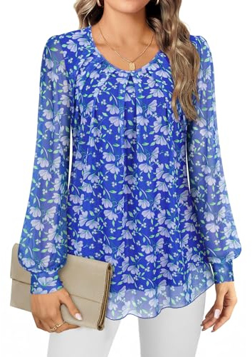Gemulate Chiffon Tops for Women UK Evening Tops for Women UK Long Sleeve Top Ladies Blouses Crew Neck Chiffon Tunic Double Layers Mesh T Shirts Blue Floral M