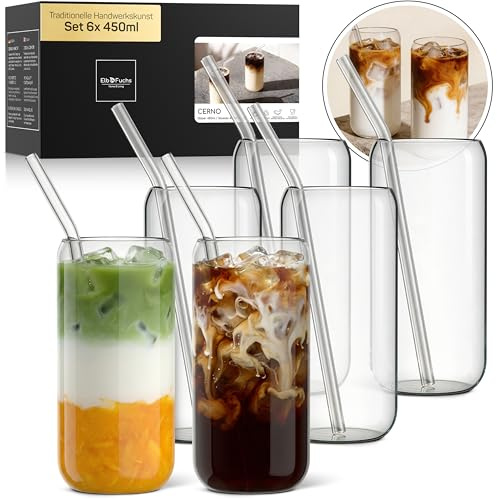 ElbFuchs Latte Macchiato Gläser 6er Set 450 ml - Trinkgläser in Dosenform aus Borosilikatglas mit Glasstrohhalmen, ästhetische Matcha- und Kaffeegläser, Eiskaffee- & Cocktailgläser