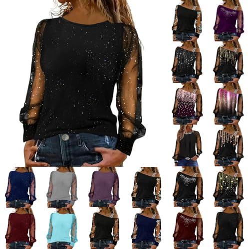 Bluse Damen Pailletten Glitzer Shirt Karneval Mesh Oberteil Langarm Elegant Auffällig Blusenshirt Funkelnd Fasching Blusen Weiberfastnacht Party Kostüm Festlich Frech Modisch Top