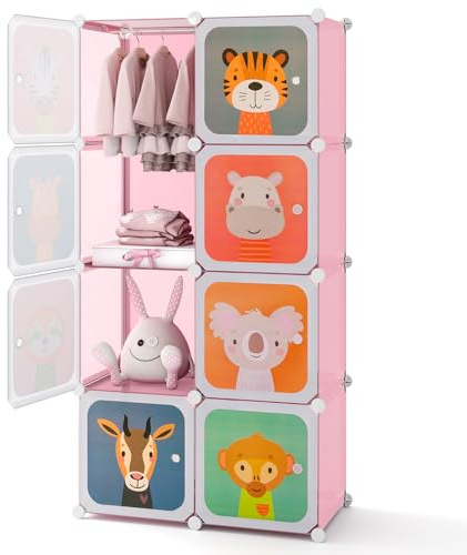 COSTWAY Kinder Kleiderschrank, Regalsystem mit 8 Würfeln, Kinderregal erweiterbar, Aufbewahrungsschrank aus Kunststoff mit Türen & Aufhänger für Kinderzimmer Schlafzimmer (Rosa+Weiß,8 Würfel)