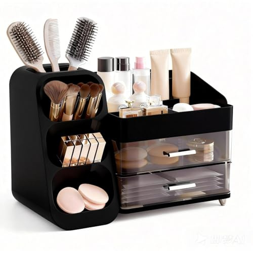 Yieseang Makeup Organiser Storage,Cosmetics Organiser with Brush Holder | Vanity Organizer Countertop,Beauty Organiser Storage with Drawers for Dressing Table, Bathroom,Skincare Organiser,Black