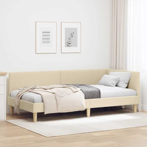 LoogCape Eckbettgestell mit Kopfteil Creme 100x200 cm, Samt Stoff, L-förmiges Design, Platzsparendes Multifunktions-Tagesbett für Schlafzimmer, Robustes Holzwerkstoff Bett
